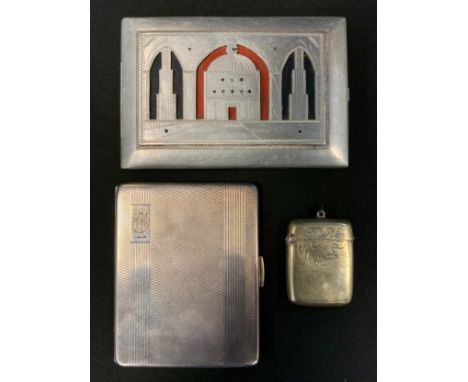 A silver cigarette case, engine turned, 140g;  a plated vestal  a chrome cigarette case 