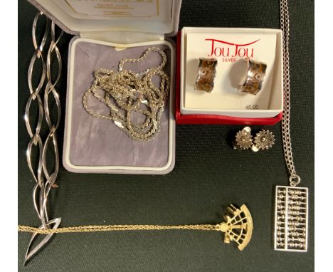 A silver gilt sextant pendant necklace;  another Abacus ;  Jou Jou silver earrings;  fancy link necklaces etc 65.3g gross 