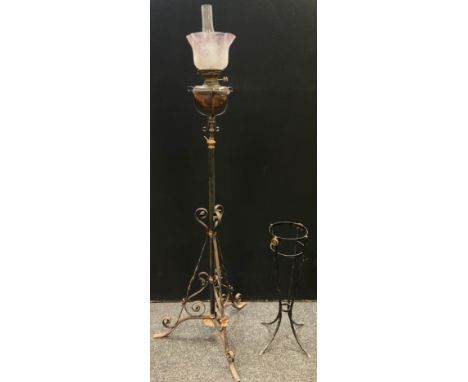 A Victorian wrought iron and copper oil-burner standard lamp, with Joseph Hinks duplex no.2 burner, 166cm tall, c.1870;  a me