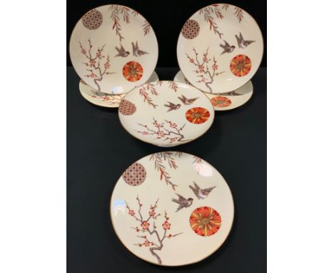 A late 19th century Minton Aesthetic Movement dessert service, comport, five plates, decorated in the Japonesque taste, impre