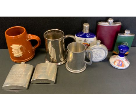 A studio pottery masonic tankard, East Lodge 2000, Pusser's Rum Hip flask;  others pewter, silver plate etc 