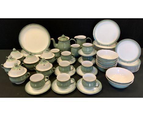 A Denby Regency Green dinner and coffee service, for eight, comprising dinner, dessert and side plates, soup bowls, covers an
