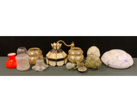 Lighting  - a pair of amber etched undulating glass lamp shades16cm diameter;  wrought iron storm lantern;  marbleised glass 