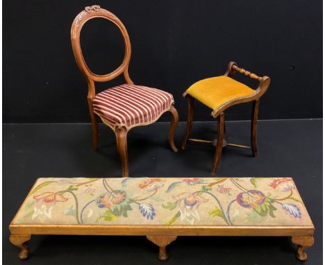 An early 20th century long footstool, drop-in tapestry upholstered top, cabriole legs, 123cm x 32cm x 21cm tall;  a Victorian