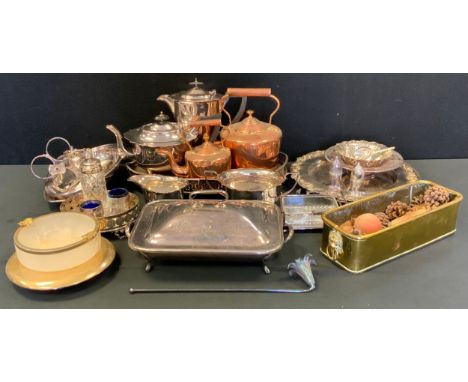 A Walker &amp; Hall silver plated rectangular entree dish and cover;  Reliable four piece tea set;  cruet/bottle stand;  copp