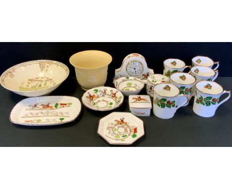 Wedgwood hunting Series trinket dishes;  a similar clock;  Mintons Golden Days bowl;  six Queens Yuletide coffee mugs 
