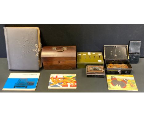 A 19th century morocco leather photograph album, US PATNO.333801 D.R No.32370, 30cm x 23cm;  tin money boxes;  am 18h century
