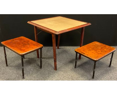 An early 20th century campaign type card / games table;  a similar pair of walnut occasional tables, (3). 