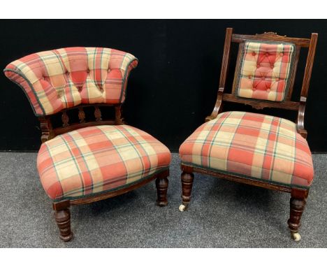 A Victorian button back mahogany nursing chair, stuffed-over seat, turned legs, c. 1880;  another similar, (2). 