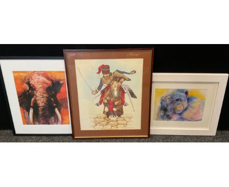Sheila Gill, by and after, Chimpanzee, coloured print, 26cm x 36cm, 3/500;  another, elephant;  etc (3) 