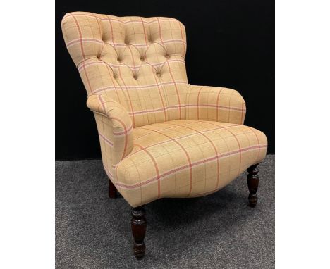 A Victorian style button back side chair, upholstered in chequered cloth, turned mahogany legsNB the upholstery may not compl