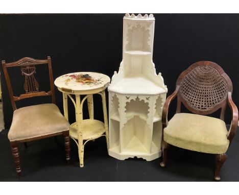 An Edwardian Bergere back salon chair; a mid 20th century painted pine corner display shelving unit;  a tile top side table; 