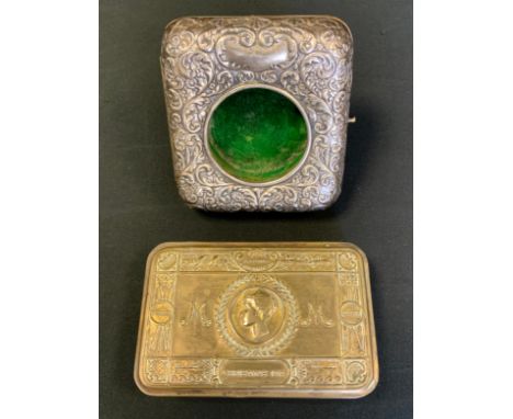 A George V silver mounted leather pocket watch stand, embossed front, easel stand, Walker &amp; Hall, Sheffield 1928;  World 