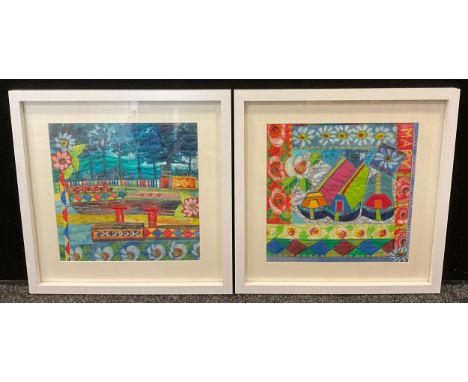 Maria Tarn, a pair - ‘Canal basin’, and ‘A grand day out’, textile art, each measuring 43.5cm x 43.5cm overall, (2). 