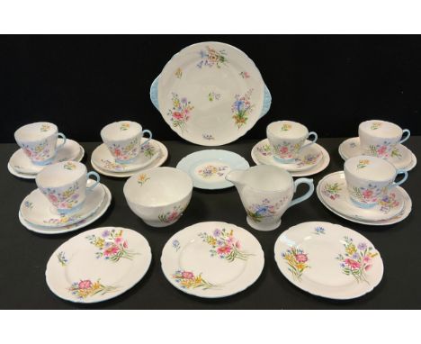 Shelley Wild Flowers patterned tea service for six; comprising tea cups and saucers, milk jug, sugar bowl, tea plates, and ca