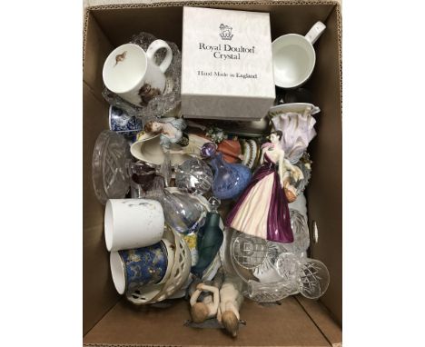 A box of assorted modern china and glass to include Royal Worcester mugs, Caithness style sent bottles, figurines etc 