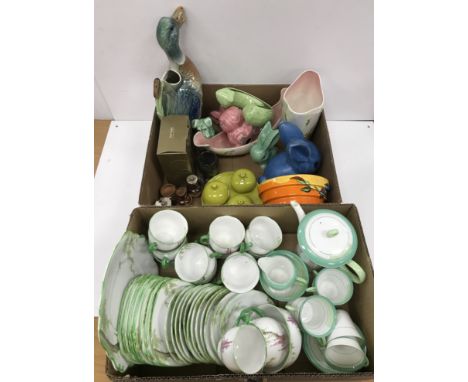 Two boxes containing various china wares including a Doulton Lambeth miniature cruet set (five pieces), a Carltonware lime gr