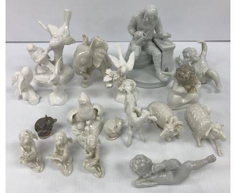 A collection of blanc de chine type figurines / ornamental wares to include a Meissen calf, 8 cm high, a Nymphenburg elephant