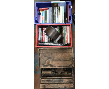 A vintage wooden drop down tool box containing various vintage hand tools to include hammers, chisels, planes etc together wi