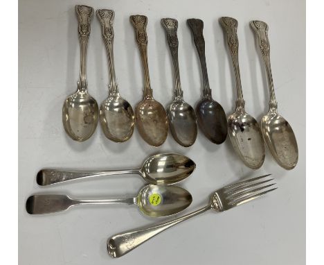 A pair of Victorian silver tablespoons (by George W Adams for Chawner & Co., London 1867), together with three matching desse