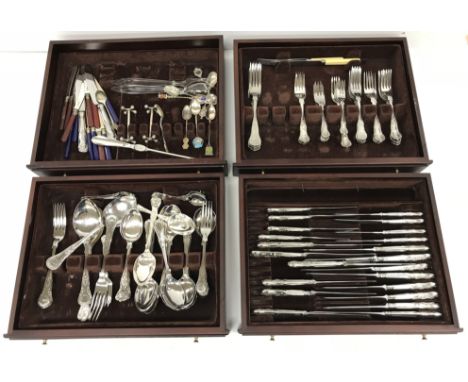 A modern mahogany cased cutlery canteen and contents of part set of plated cutlery together with a box of further plated ware