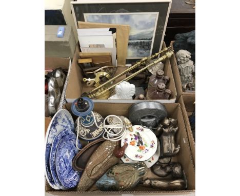 Two boxes of sundry items to include Frith cats, Victorian treacle glazed sash window holder,  a pair of brass fire tools and
