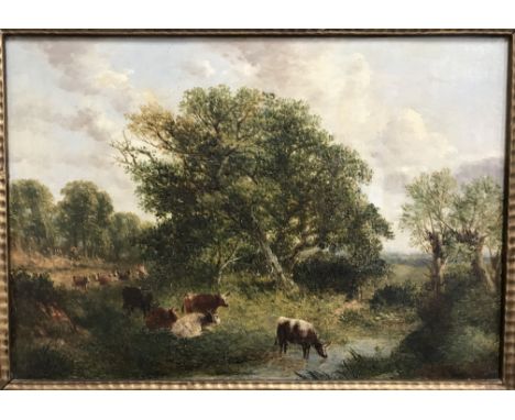 19TH CENTURY ENGLISH SCHOOL "Study of cows in a landscape by river" bears label verso inscribed "Thomas Smyth" 36 cm x 51 cm 
