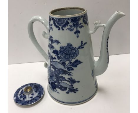 A Chinese Qianlong Period blue and white export ware coffee pot with floral and bamboo decorated tapered cylindrical body, th