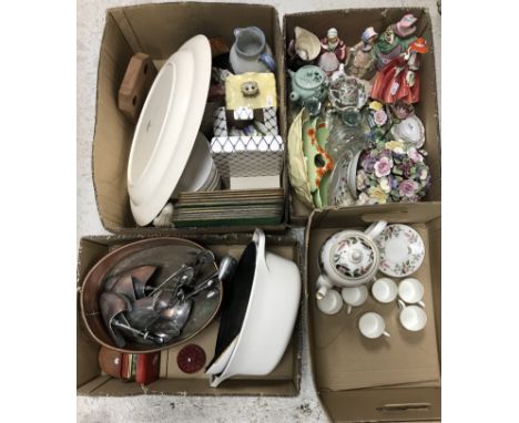Four boxes of assorted decorative china, metal wares etc to include a Wedgwood Hathaway Rose part coffee set comprising coffe