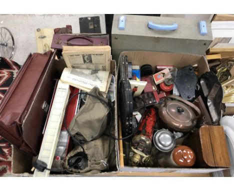 Two boxes containing various items to include a vintage Tonka model of Canadian Toronto fire engine and a small quantity of o