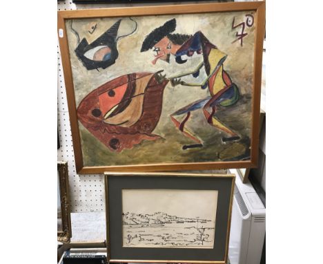 MID 20TH CENTURY SCHOOL "Abstract study of a Toreador and bull" oil on board, unsigned 50 cm x 60 cm together with a mid 20th