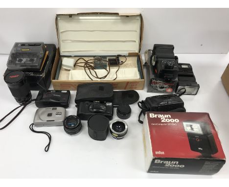 A collection of various photographic equipment to include a Minolta Riva AF35C camera, a Panasonic CD 425AF camera, a Prinz 3