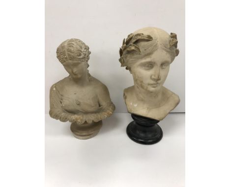 A painted pottery bust of a "Water nymph" in the Minton style, 33 cm high and another painted pottery portrait bust of a "Cla