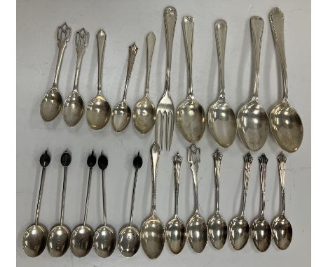 A collection of silver cutlery including five enamelled coffee spoons (enamel very poor condition), a set of six "Albany" pat