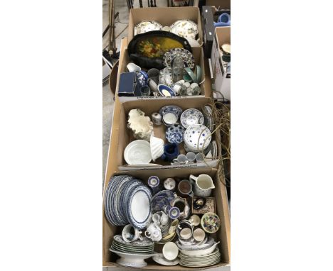 Four boxes of assorted sundry china ware to include a pair of modern Sampson style candlesticks, various Royal Doulton Woburn