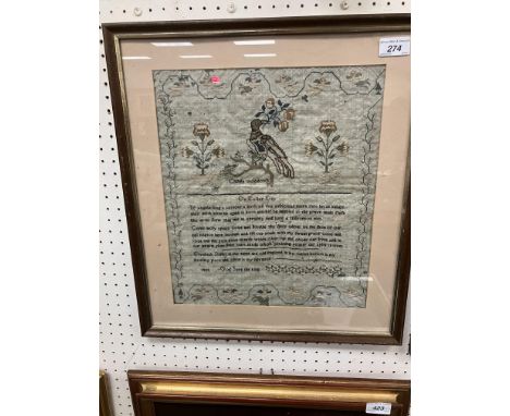 ELIZABETH BUTLER "On Easter Day", a needlework sampler depicting a Chinese Woodcock surmounted by cherubs and script entitled