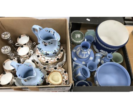 A collection of various Jasperware pottery including an Adams "The Kill" jardiniere, 22 cm diameter x 19 cm high, a Wedgwood 