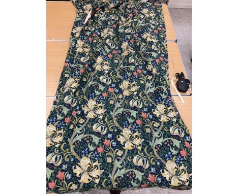 One pair of linen interlined curtains with taped pencil pleat headings by Sandersons, Morris & Co. "Golden Lily" with dark bl