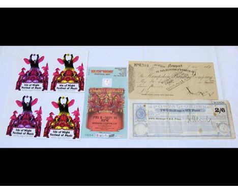Isle of Wight Festival of Music tickets 54752/54753, together with a 2007 Festival Ticket, Hampshire Banking Co. cheque, etc.