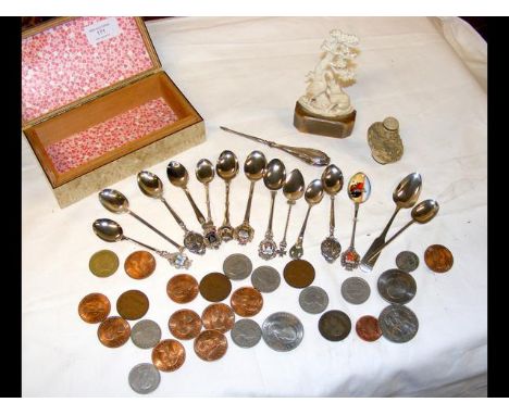 Silver teaspoons, ivory carving, etc. 