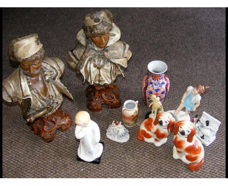 A pair of continental busts, Doulton figurine "Darling", together with other ceramic ware 