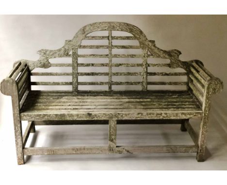 MARLBOROUGH STYLE GARDEN BENCH, lichen weathered teak after a design by Sir Edwin Lutyens, 166cm W.