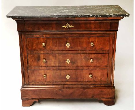 HALL COMMODE, 19th century French Louis Philippe burr walnut and gilt metal mounted with marble top above four long drawers, 