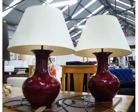 SANG DE BOEUF TABLE LAMPS, a pair with shades, 70cm H. (2)