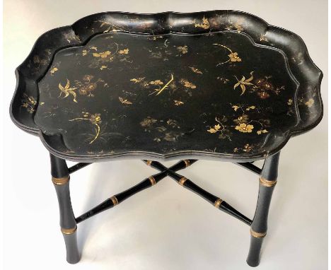 VICTORIAN TRAY, black papier maché scalloped gilt and painted with later gilt decorated stand, 80cm x 63cm x 55cm H.