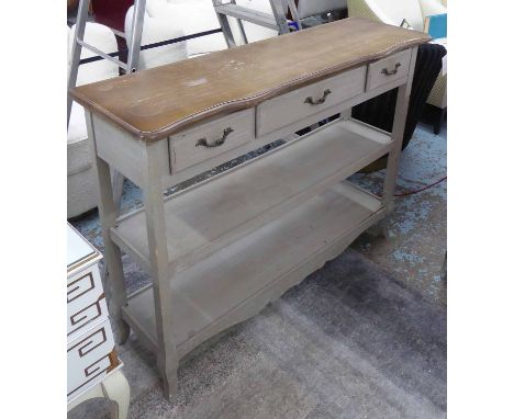 SIDE CONSOLE TABLE, with three drawers, distressed grey painted, 120cm W x 35cm D x 91cm H. (with faults)