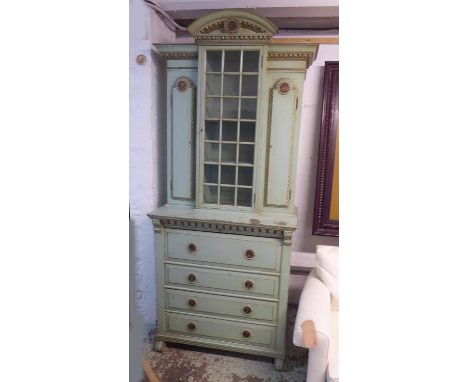 SECRETAIRE BOOKCASE, late Victorian green painted with a glazed door flanked by two doors with carved detail over a secretair