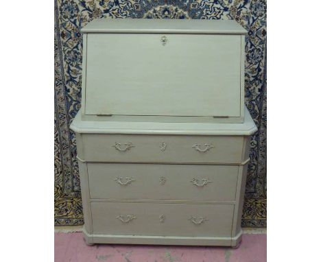 SECRETAIRE ON COMMODE, Continental in a painted finish with a fall front enclosing a fitted interior above three long drawers