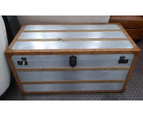 TRUNK, aviator style, with faux leather binding and studded timber tracks, 101cm x 51cm x 51cm.