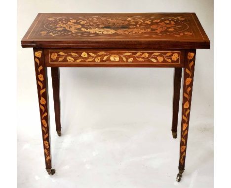 DUTCH CARD TABLE, 19th century Dutch mahogany and satinwood foliate marquetry with foldover baize lined top, 84cm W x 79cm H 